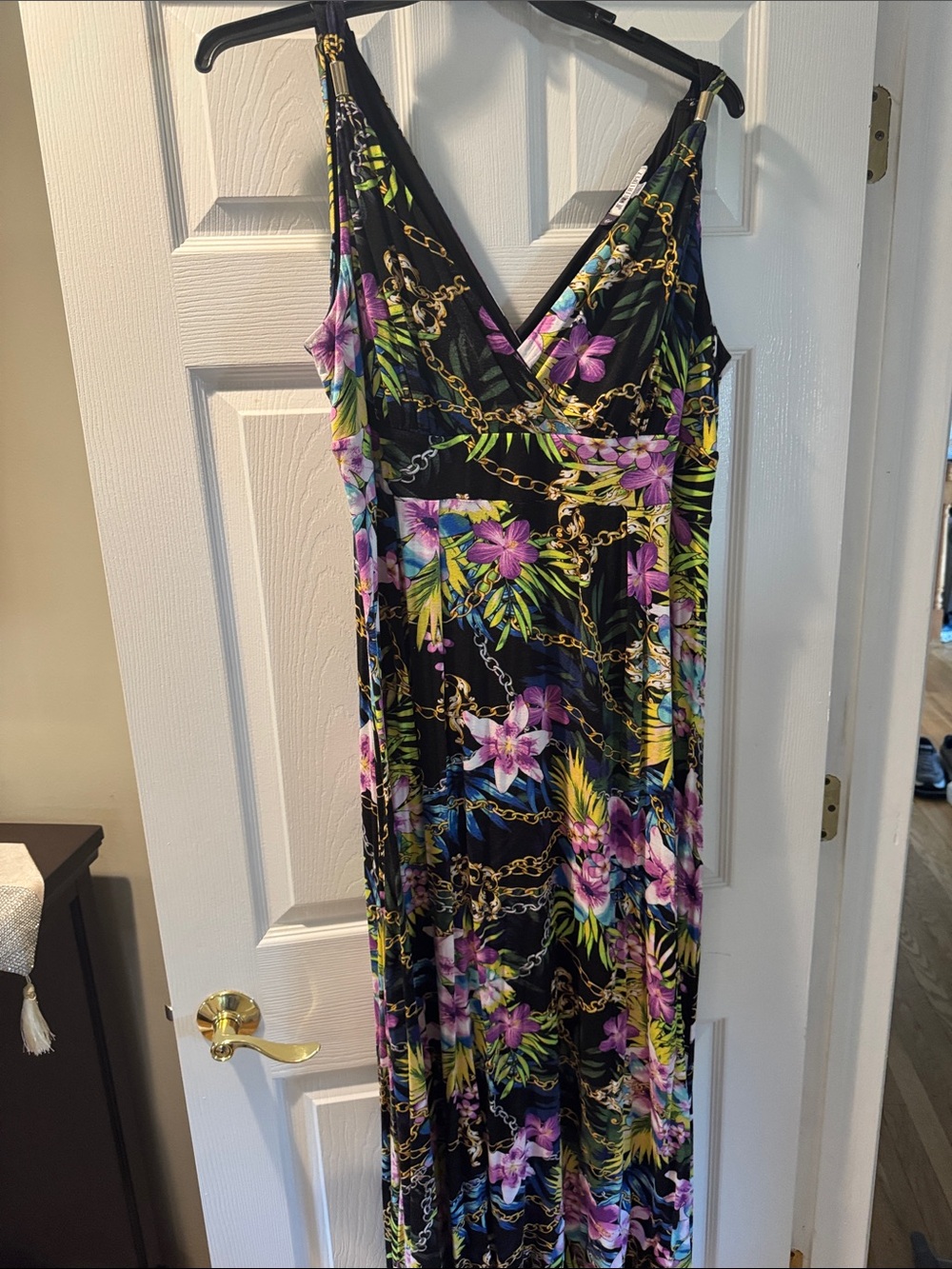 Jennifer Lopez Black Maxi Dress with Purple Floral & Green Leaf Print